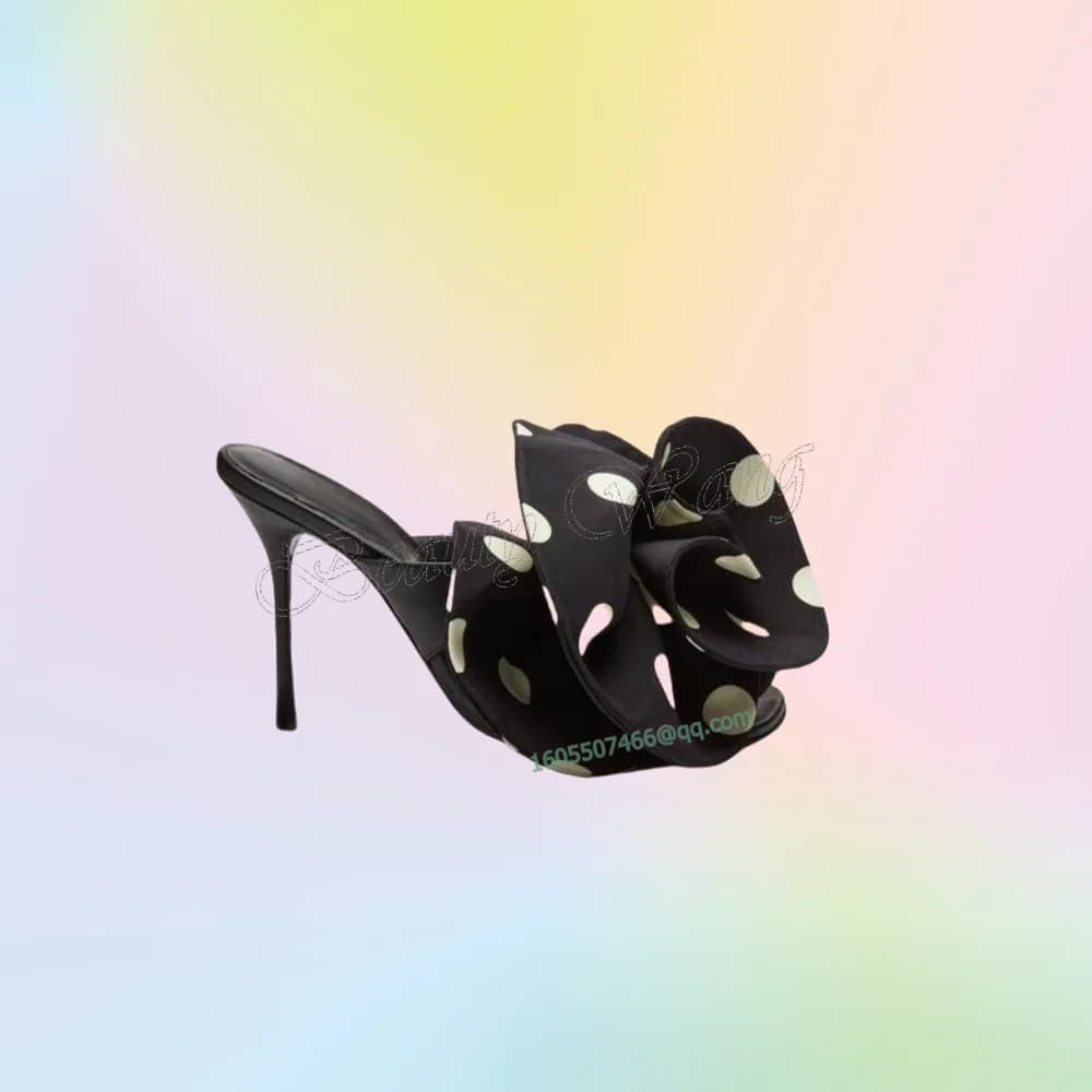 Beige Polka Dots Sandals Slippers Pleated Heels Round Toe High Shoes Thin High Heel Shoes for Women 2025 Zapatos Para Mujere