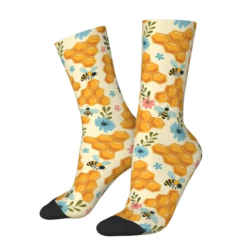 Stylish men's socks with bees and fashionable honeycomb flowers Custom Fashionable unisex socks warm breathable with 3D print