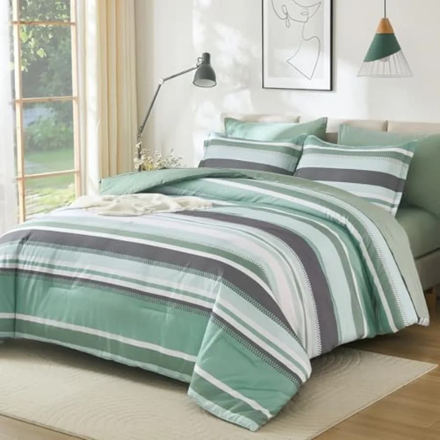 Set Copripiumino 7 Pezzi, Set Letto Completo e Copripiumino Grigio, Set Biancheria da Letto Morbida a Righe Boho con Lenzuola, Federe e Cuscini