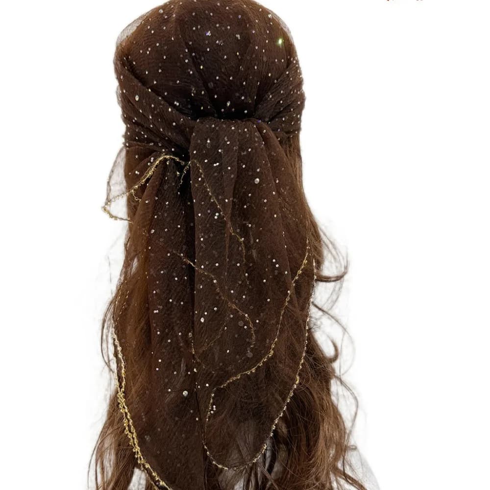 Elegant Sparkle Hotfix Rhinestone Square Scarf Sequin Gold Trim Mesh Bandana Solid Color Thin Lace Shawl Headband Head Wrap