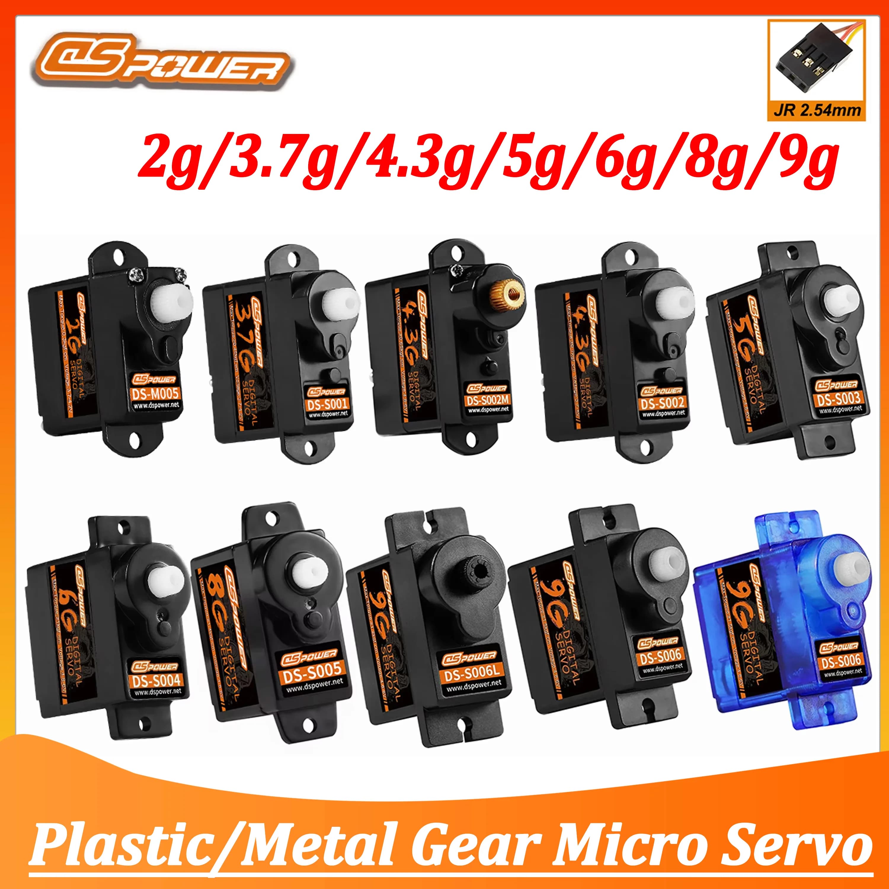 DSPOWER 2g 3.7g 4.3g 5g 6g 8g 9g Digital Micro Servo Plastic Metal Gear JR Plug for RC Drone FPV Fixed-wing Helicopter Car Boat