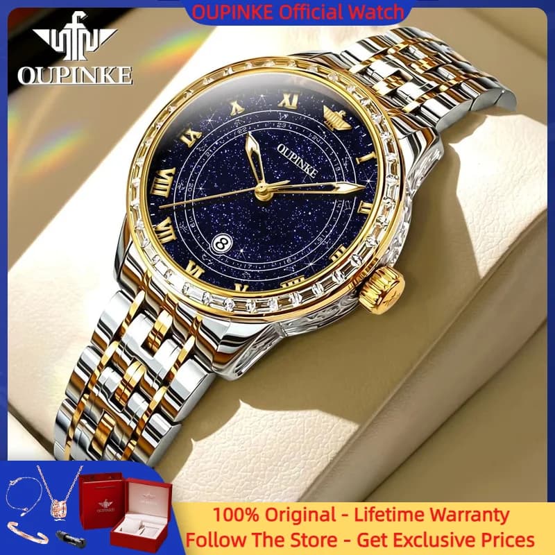 OUPINKE 3203 Women's Watch Luxury Marker Imported Movement Mechanical watch Elegant women's watch with starry sky strap with diamonds