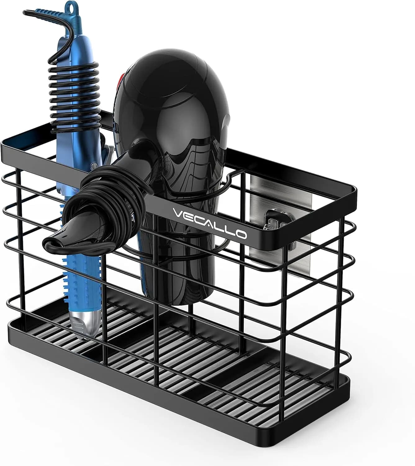 Organizzatore da parete per strumenti per capelli con adesivo, porta asciugacapelli e ferri da stiro, nero