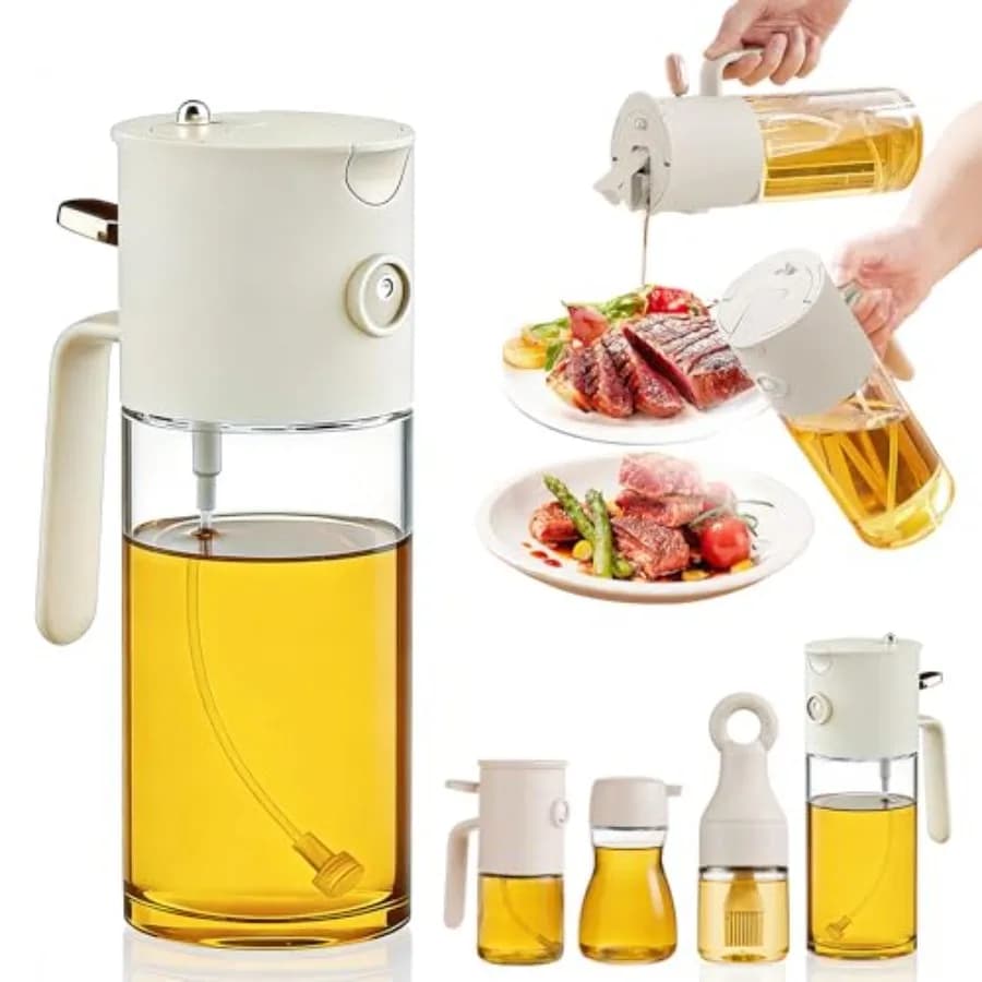 Bottiglia Spray per Olio 3 in 1 da 19.6oz, Dispenser per Olio d'Oliva in Vetro Borosilicato Resistente al Calore, Include Set da 3 Mini Contenitori Multiuso per Esterni