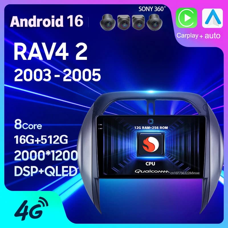 Autoradio Android 16 per Toyota RAV4 2 CA20 CA20W XA20 2003 2004 2005 Carplay Auto 2 Din Lettore Multimediale Video WIFI+4G Stereo