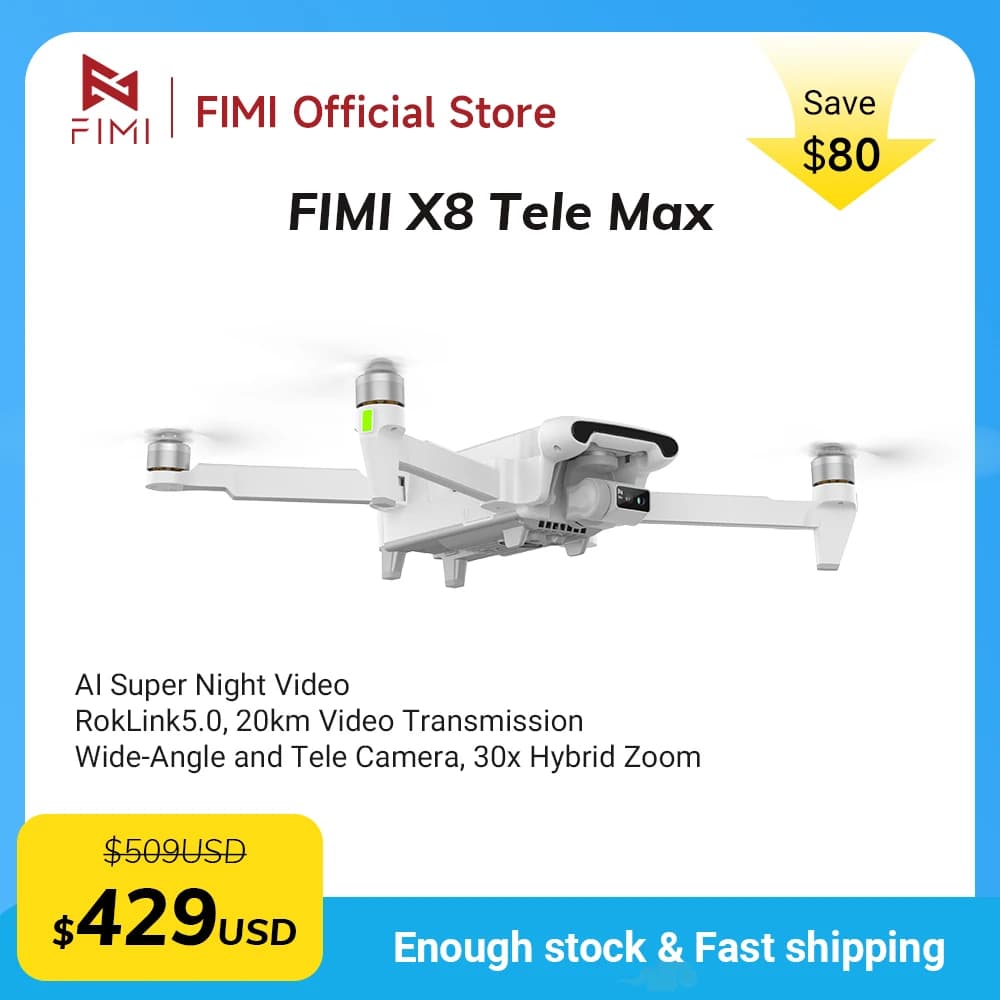 FIMI X8 Tele Max nuovo drone con telecamera grandangolare, zoom ibrido 30x, portata 20KM, 4K 60fps, gimbal a 3 assi, GPS, AI, video notturno super nitido