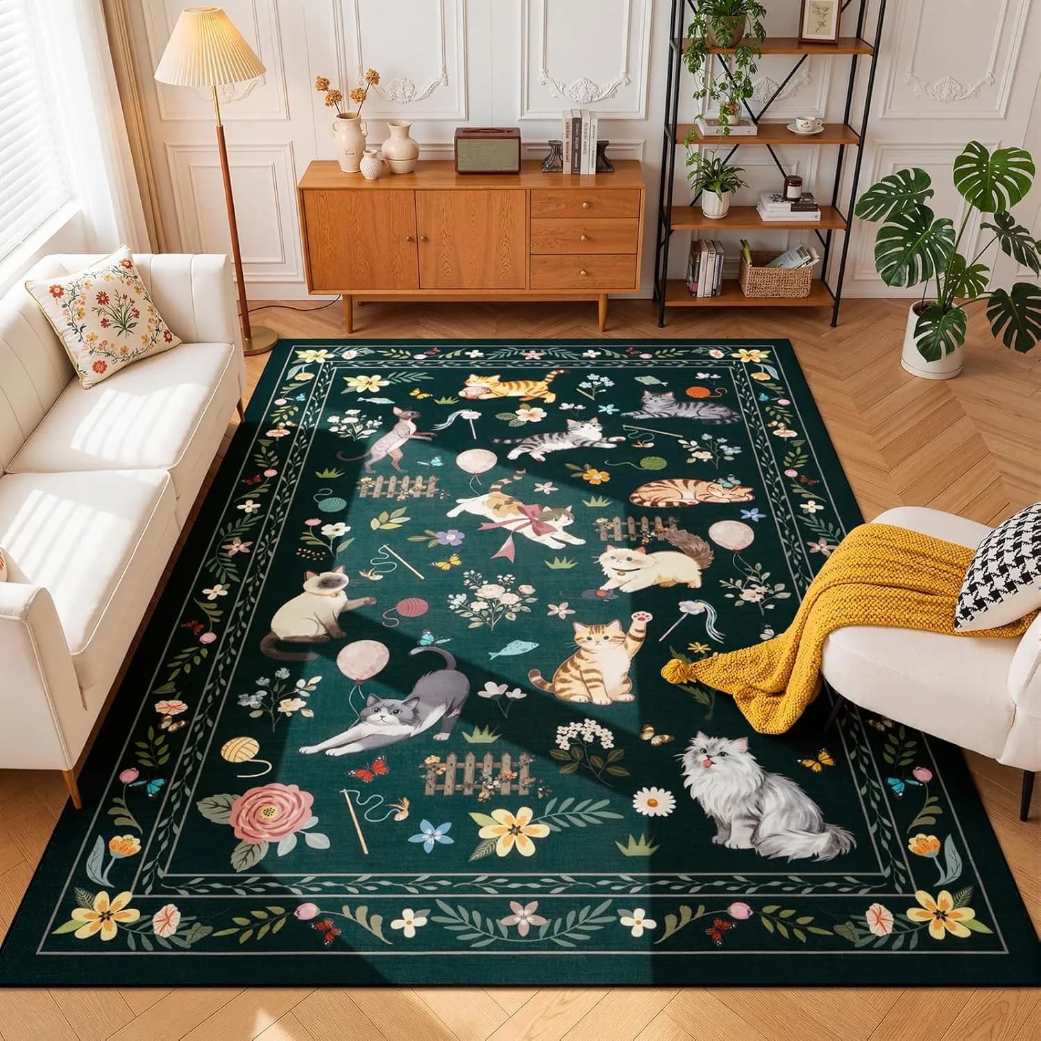 Whimsical Forest Cats Area Rug Floral Border Garden Scene Floor Mat Artistic Non-Slip Carpet for Cozy Living Room Bedroom Decor