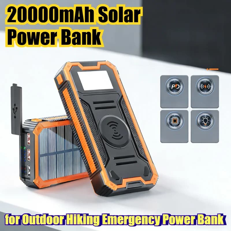 Power Bank Solare da 20000mAh con Ricarica Rapida PD 20W - Caricabatterie Wireless Portatile per Escursioni all'Aperto e Emergenze
