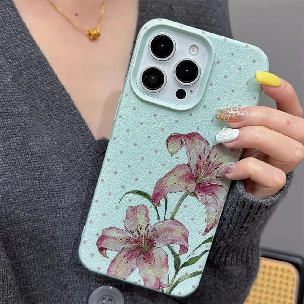 Pink Lily Polka Dot Print Phone Case For iPhone 17 Pro Max 16 Plus 15 Pro 14 13 12 11 XR XS X 17Air Lychee Textur Soft Cover