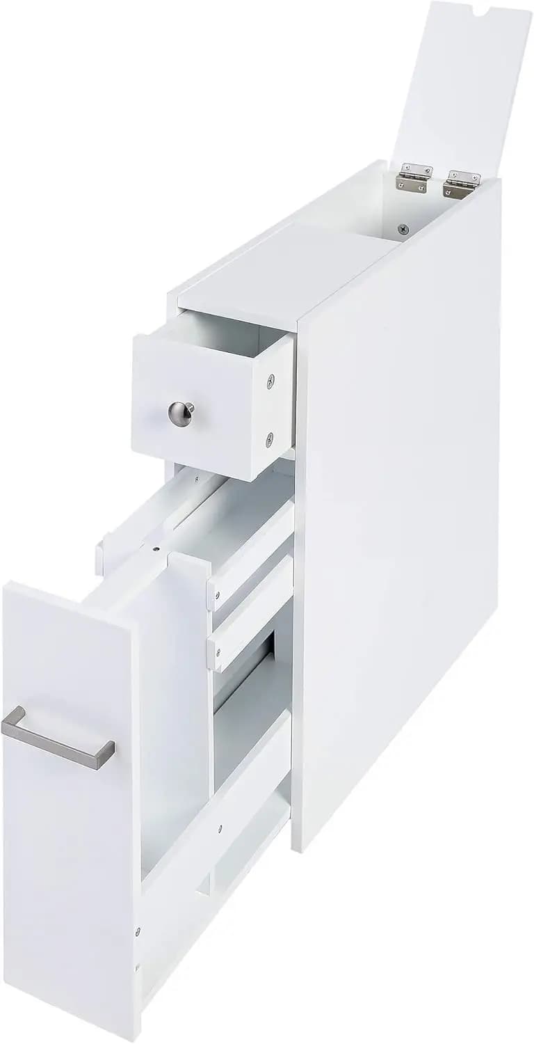 Mobiletto Sottile per Bagno con Cassetto Estraibile, Porta Carta Igienica Bianco Autoportante