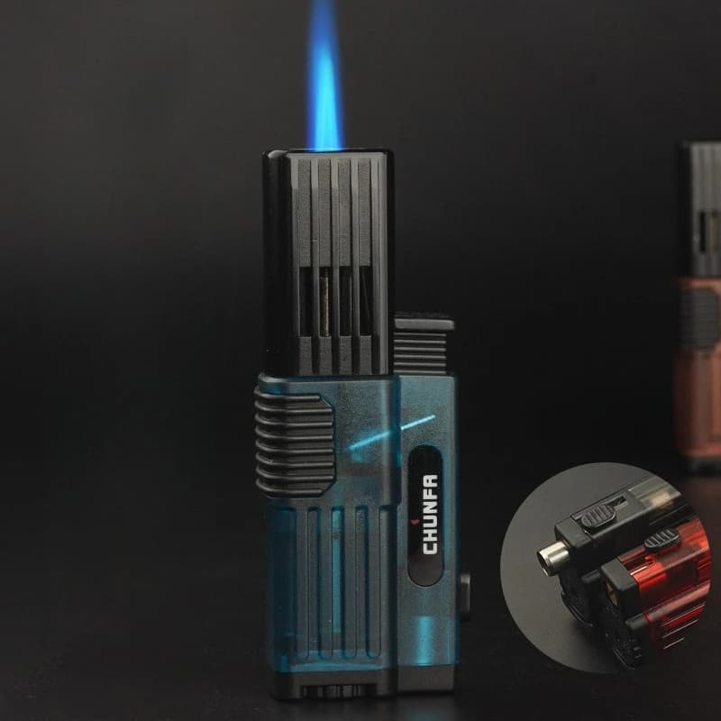 Prodotto caldo Accendino antivento con apri sigari Fiamma blu Camera trasparente visibile Accessorio per fumatori di sigari ad alta potenza di fuoco