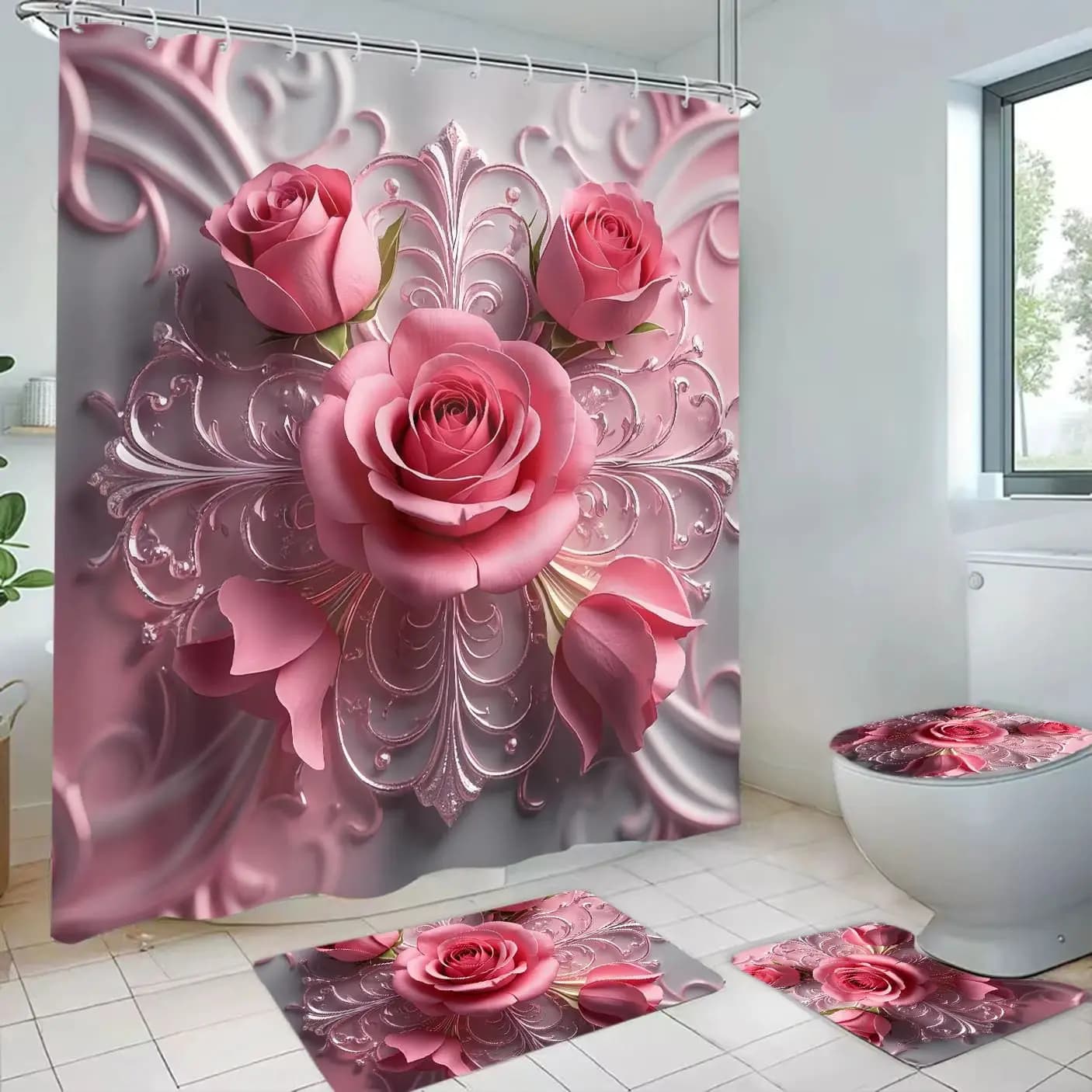 4pcs Bathroom set 3D Printed Waterproof Polyester Shower Curtain Set with 12 Hooks Pink rose