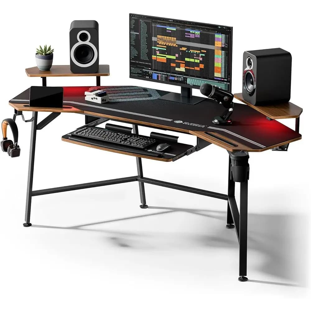 Scrivania da Gaming 72'' con Vassoio Tastiera, Scrivania a Ala per Studio Musicale, Grande Tavolo per Computer con Supporto Monitor LED Convertibile e Doppio Ripiano
