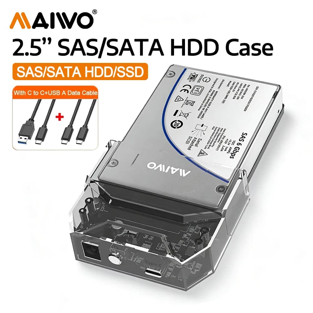 Custodia per disco rigido esterno MAIWO SAS/SATA da 2,5 pollici con espansione di archiviazione da 6 TB Custodia adattatore SAS a USB-C Alimentazione 12V-3A