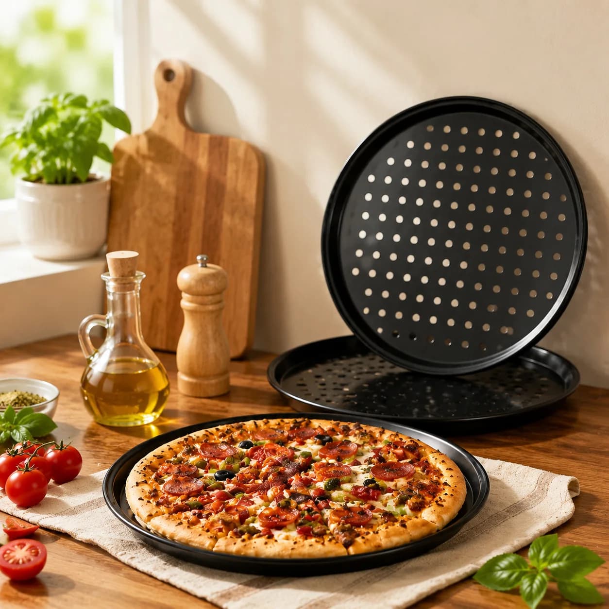 11 Inch Perforated Carbon Steel Pizza Tray Non-Stick Hole Pizza Baking Pan Household Oven Bakeware Wholesale for Home Kitchen