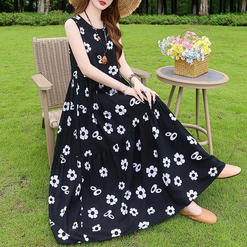 Women's Long Summer Dress 2025 Large Dresses with Neckline O Plus Size Casual Dress with Trapezio Robe Longue Femme