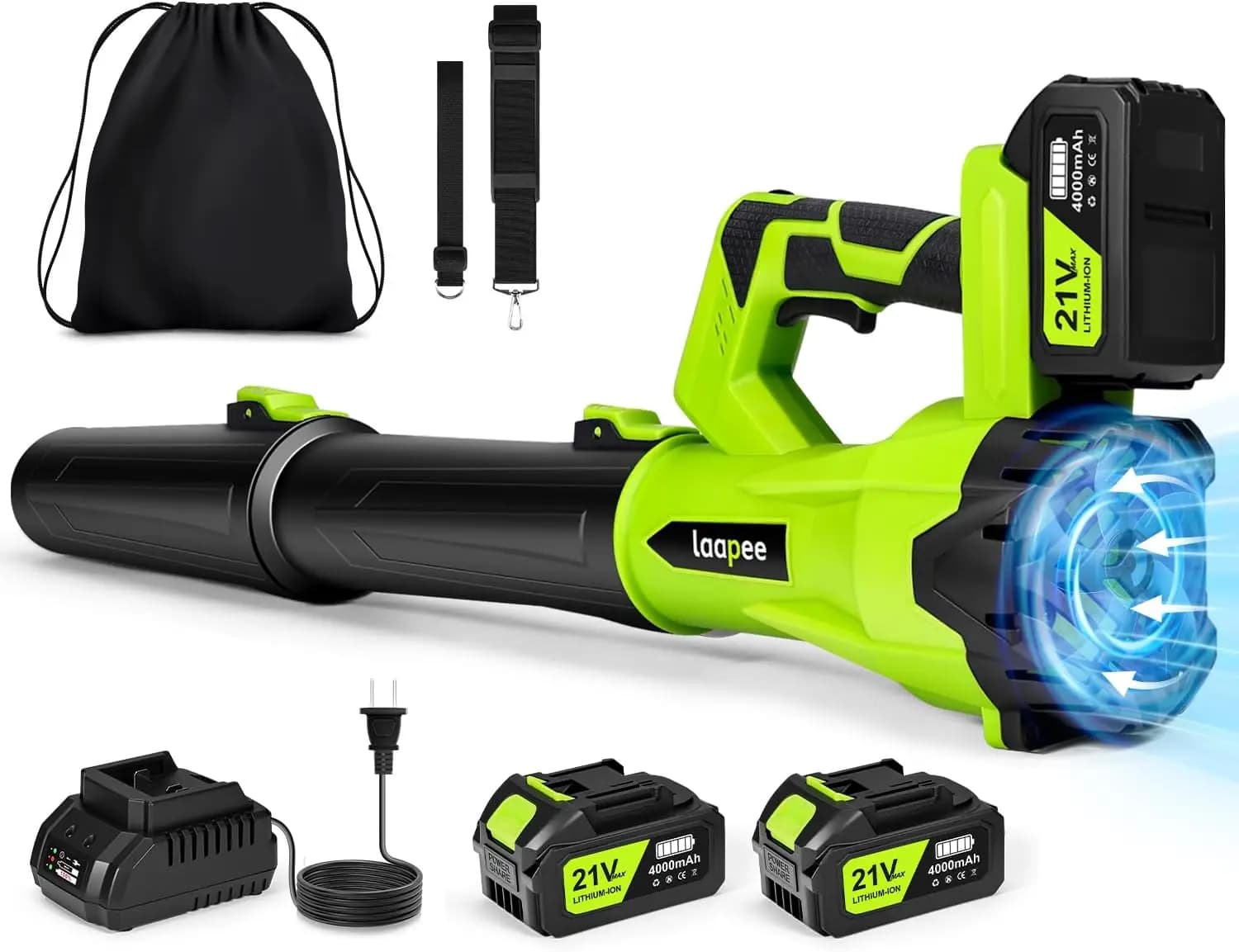 Wireless leaf blower with 2 batteries and quick charger, 6 speed control for cleaning the lawn and car