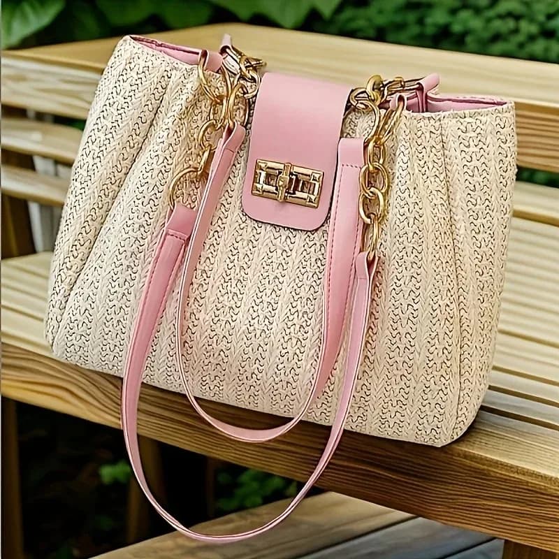 Elegante Borsa a Mano in Paglia Intrecciata, Borsa a Spalla da Donna alla Moda con Tracolla in Pelle e Catena, Borsa per Shopping e Viaggi