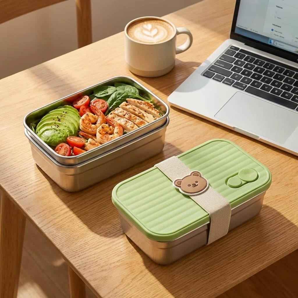 Set da 2 contenitori per il pranzo in acciaio inossidabile 304 con cinturino a cartoni animati, impilabili, per frutta, insalata e alimenti, per bambini e studenti, adatti al microonde.
