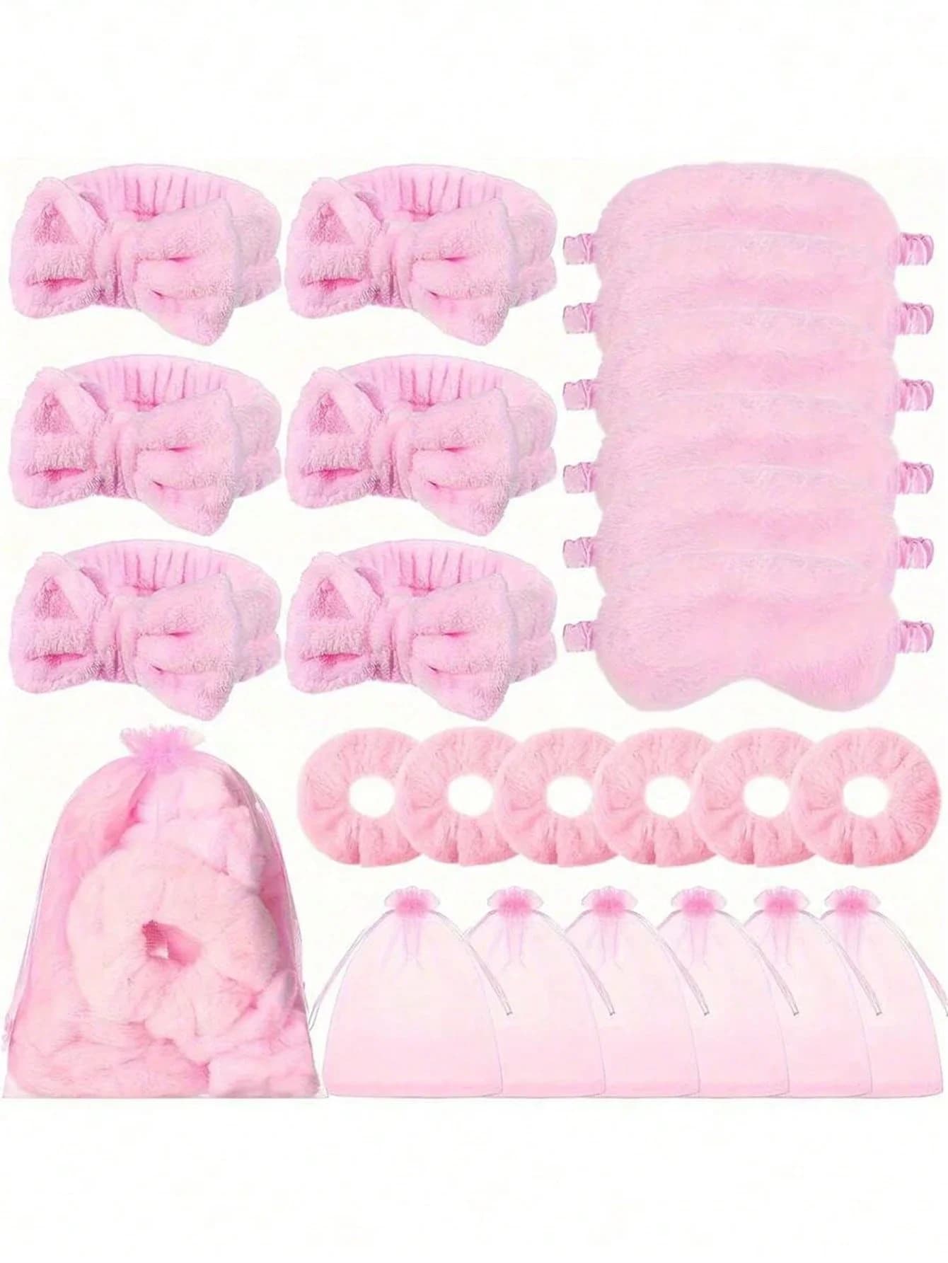 Set Spa in Peluche Rosa: Fasce per Capelli, Maschere per Occhi, Elastici per Capelli e Sacchetti in Organza