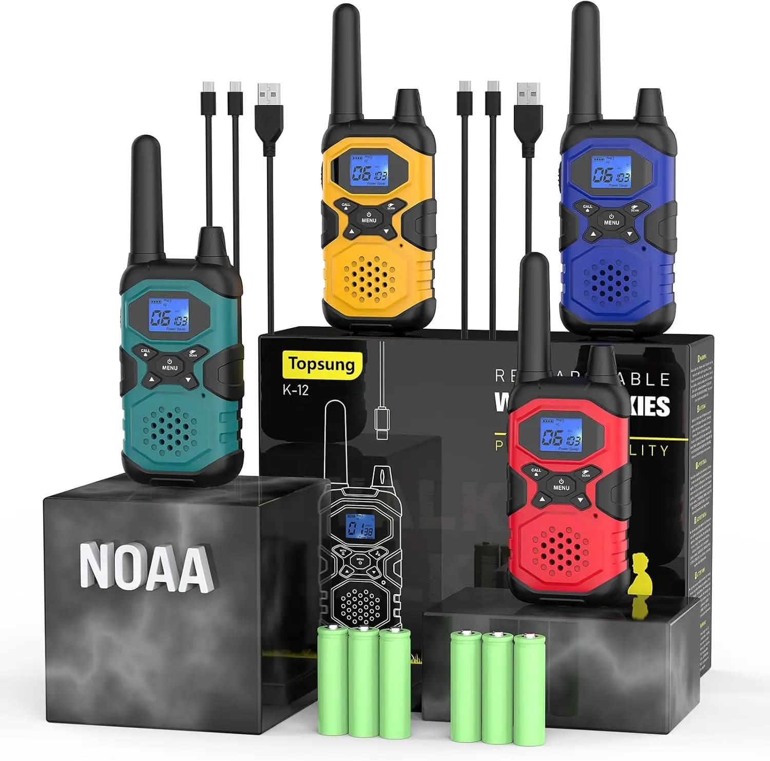 Walkie Talkie Ricaricabili, Set da 4, Lunga Portata, Batteria da 4500mAh, Radio Bidirezionali USB per Adulti, Famiglia, Campeggio, Escursionismo, Sci