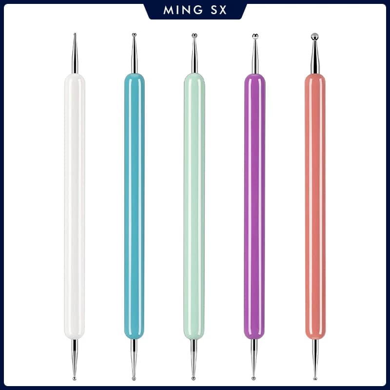 Set di 5 Penne per Nail Art con Manico in Cristallo, Doppia Punta per Disegno e Pittura, Strumenti per Manicure con Strass