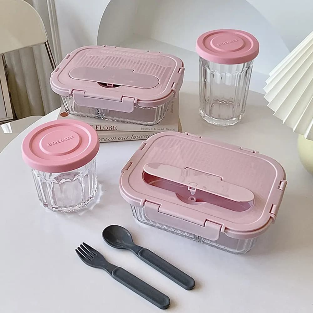 Vetro a strisce verticali Corea Bento Lunch Box Set di tazze da zuppa Forno a microonde sicuro da cucina Frigorifero Contenitore per alimenti Contenitore per brocche