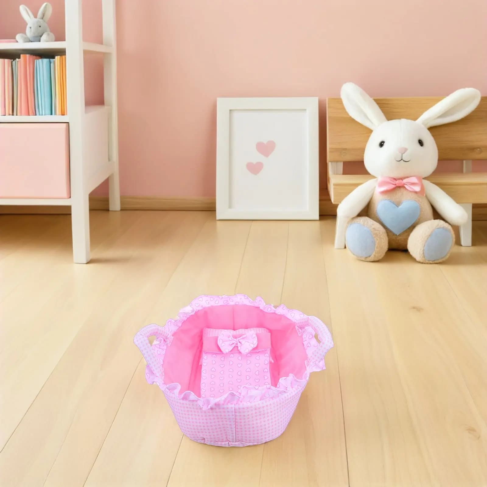 Culla per Bambole da 35 cm, Cuscino e Coperta Portatile per Bambini, Mini Culla Portatile per Scenari di Casa delle Bambole