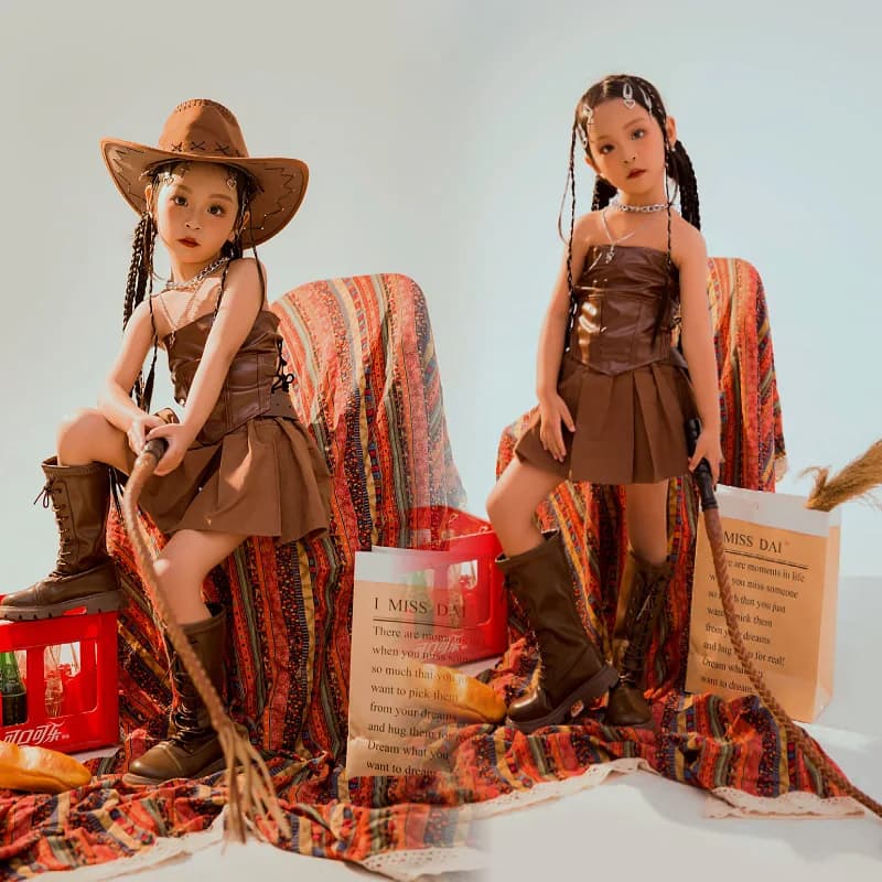 Costumi da cowboy occidentali Bambini e ragazze Abiti alla moda Passerella Cowboy Tema Sfilata di spezie Gonna in pelle per ragazze