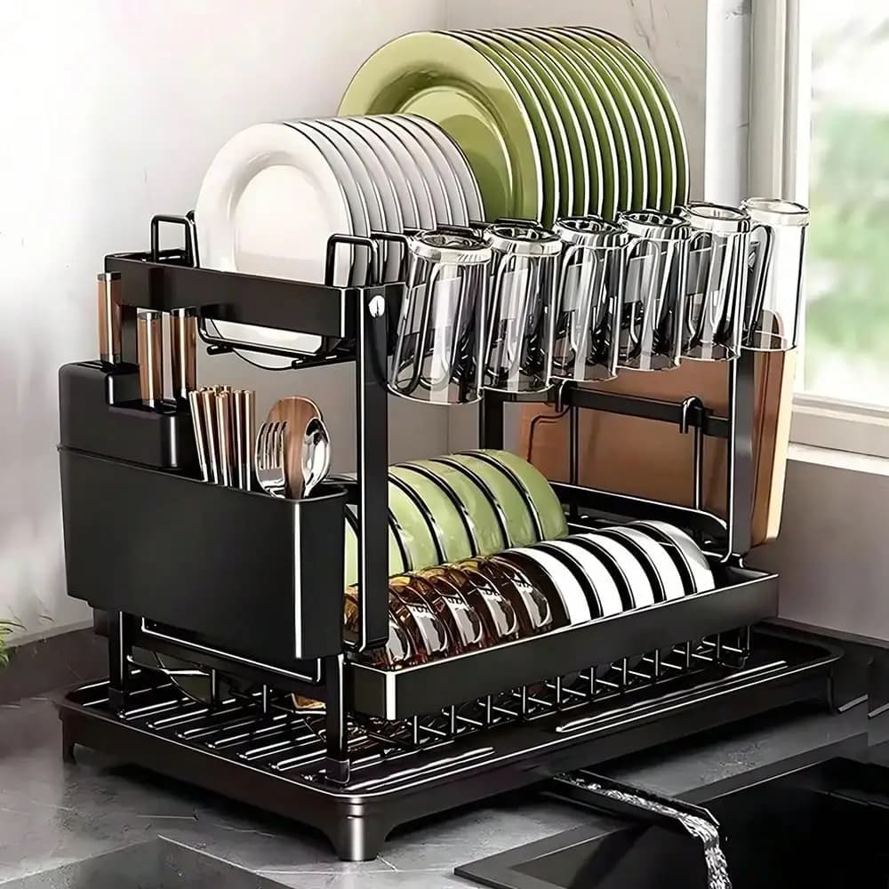 Dish Drying Rack 2 Tier Stainless Steel with Drainer Plate Cup Holder Utensil Holder Cutting Board Storage Space Saving Kitchen Organizer for Counter Sink Black