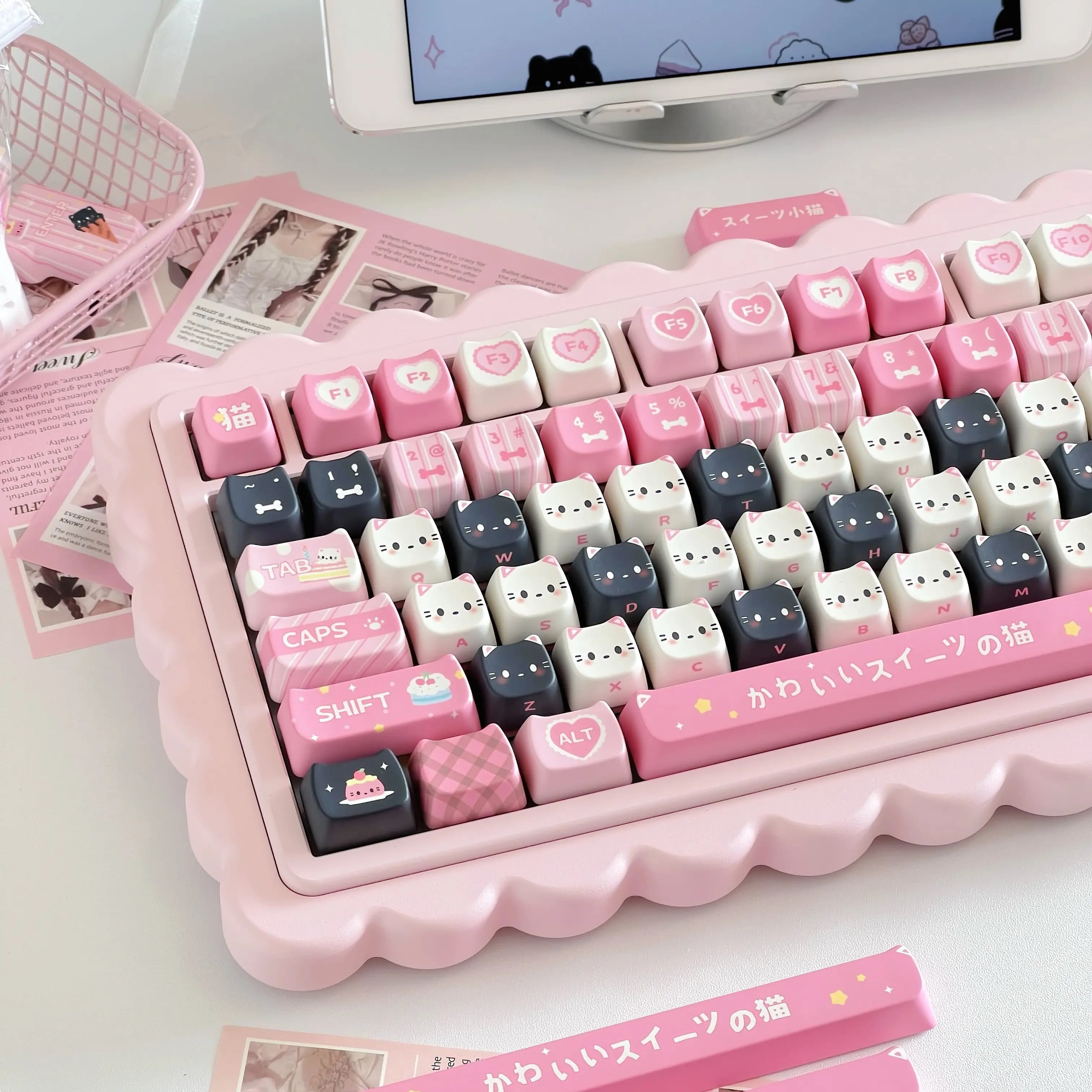 Keycap MAIMOOO a Forma di Gatto, Profilo MAO, Nero e Rosa, Testa di Gatto Carina, PBT Dye-Sub, Keycap Personalizzati per Tastiera Meccanica, Regalo per Ragazze