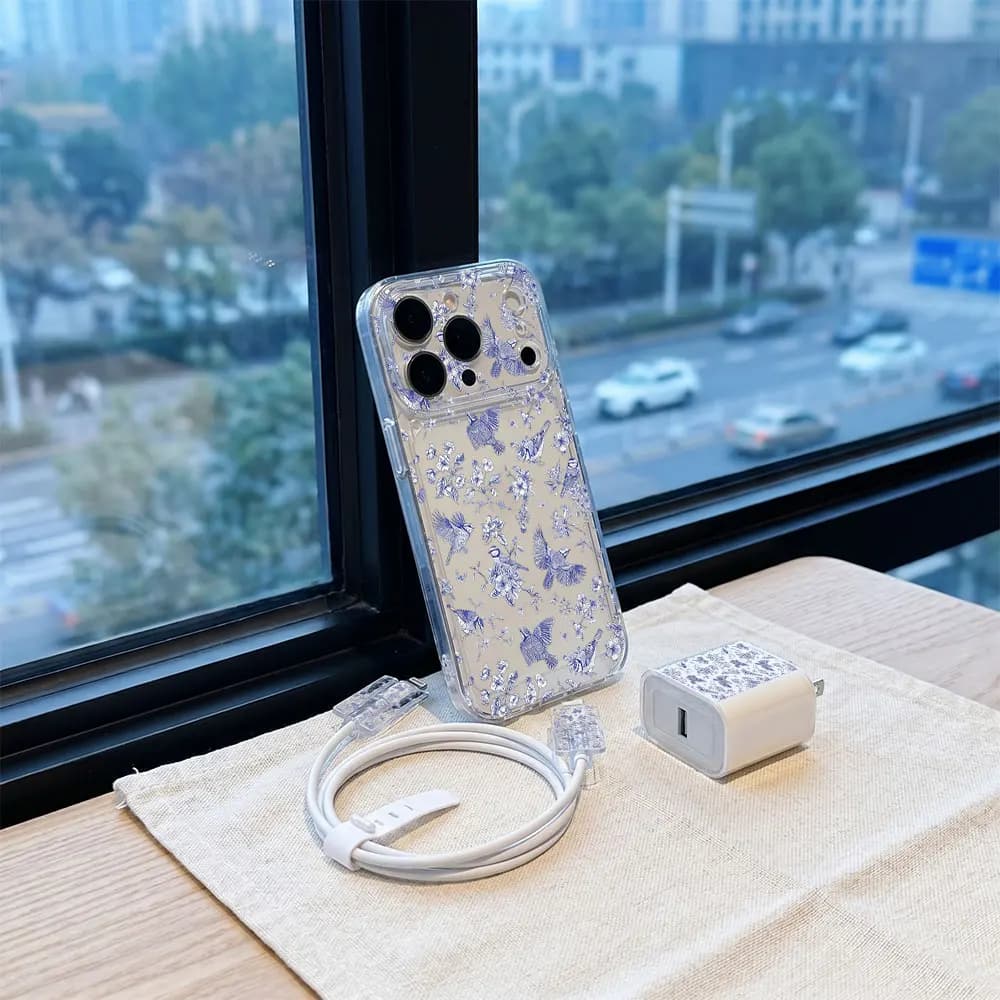 Set Custodia Trasparente Vintage Bird Phone + Protezione Cavo Caricabatterie per iPhone 17 16 15 14 13 Pro Max