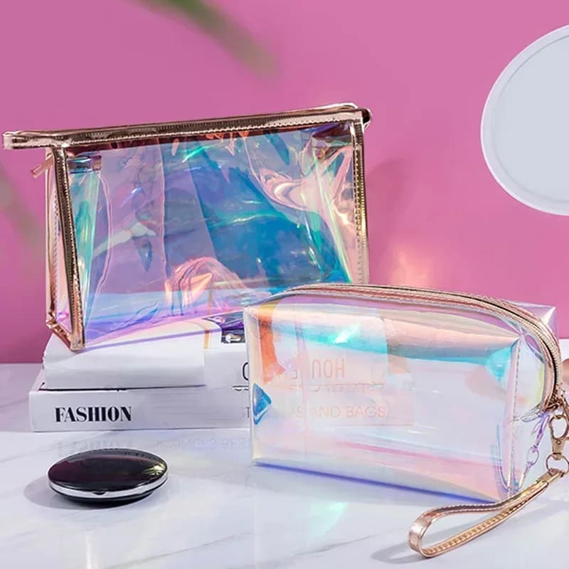 Waterproof PVC Transparent Cosmetic Bag Toiletry Makeup Bag for Washing Organizer for Women's Girls Makeup Case with Laser Color Hinge