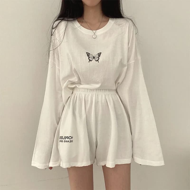 Two-piece summer women's set T-shirt with long sleeves + shorts Jumpsuit with butterfly print Women's casual wide dresses