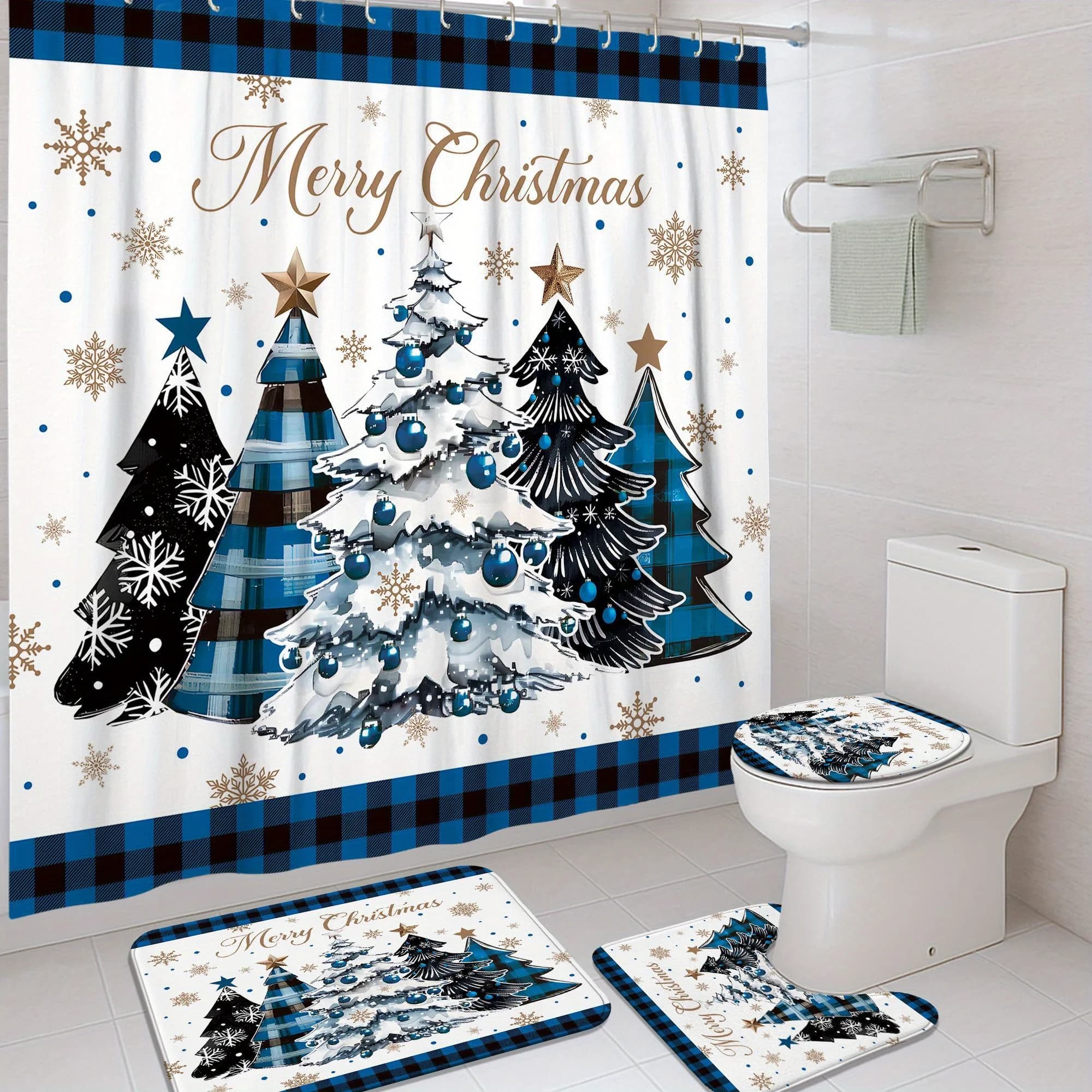 Set doccia invernale natalizio da 4 pezzi, design ad albero scozzese blu, 12 ganci, tappetino antiscivolo, copriwater a forma di U, decorazione per il bagno delle vacanze