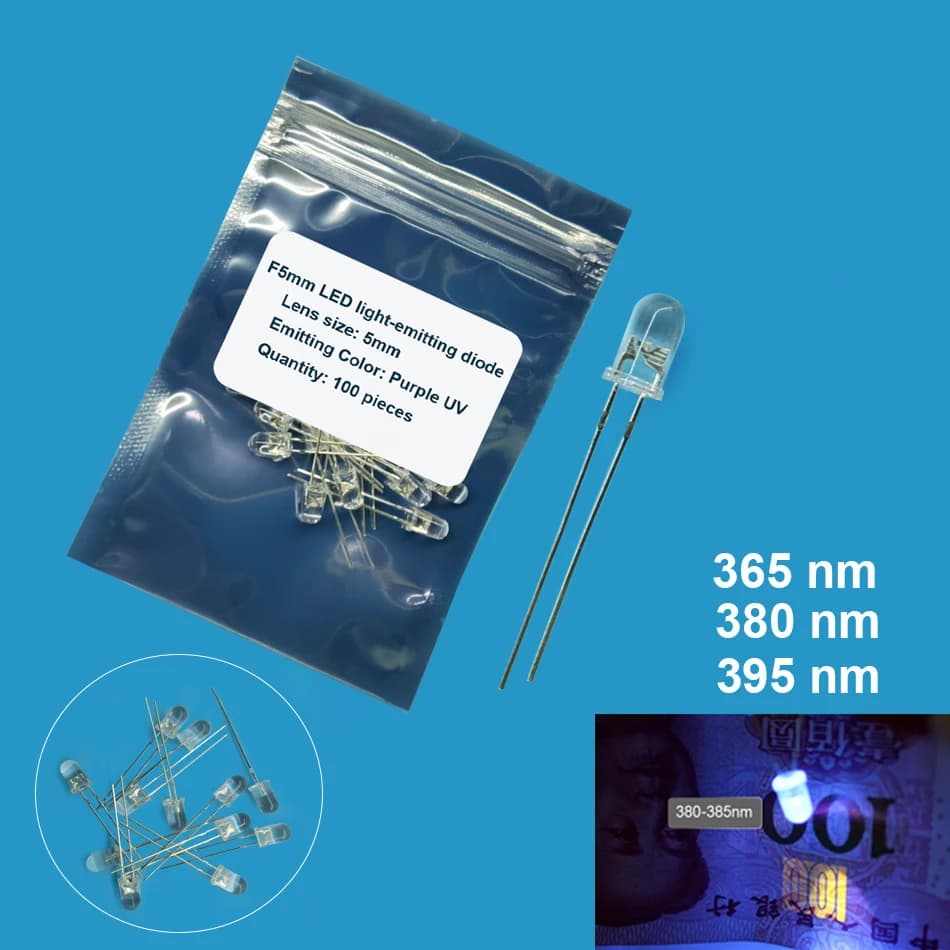 5mm DIP UV LED Diodo Lampada Emettitore di Luce 20mA 395nm 380nm 365nm 3.2-3.6V Viola Ultra Violetta Ultra LED perline 50/100 PZ