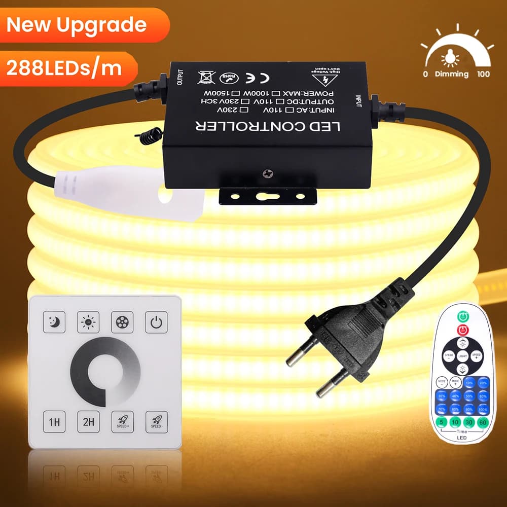 220V Dimmerabile COB LED Neon Strip Light 50m 100m Bluetooth Wall Touch Remote 1500W Kit UE Lampada flessibile 288LED 3000K 4000K 6000K 0.5m