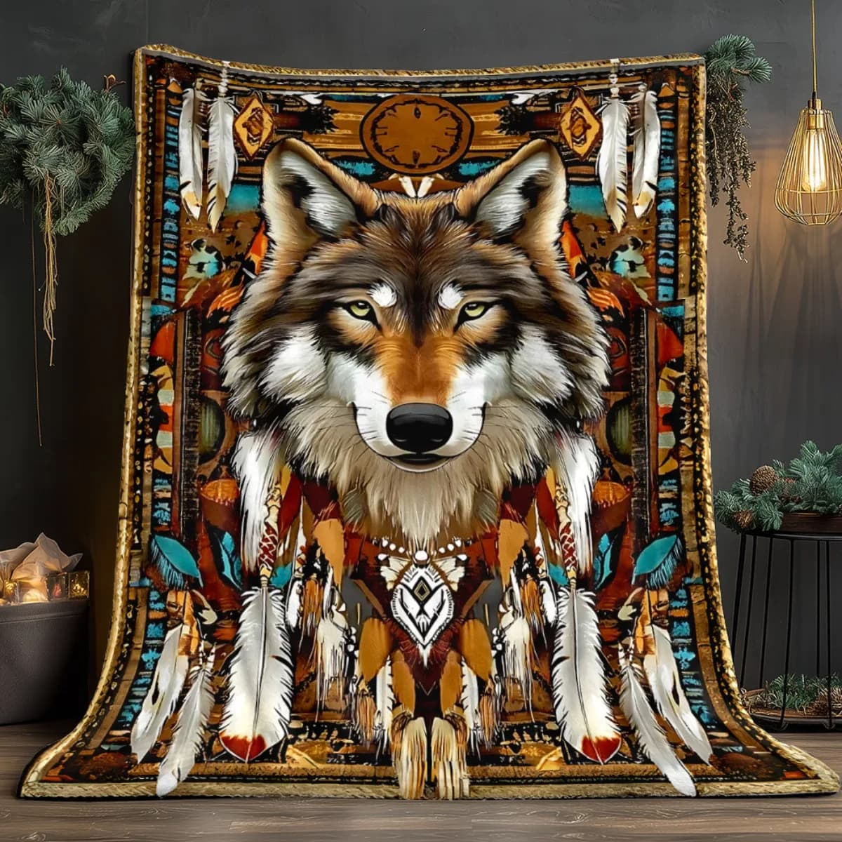 Wolf Tribal Native American Flannel Blanket Soft Dreamcatcher Design Turquoise Brown for Bed Sofa Camping All Seasons Gift