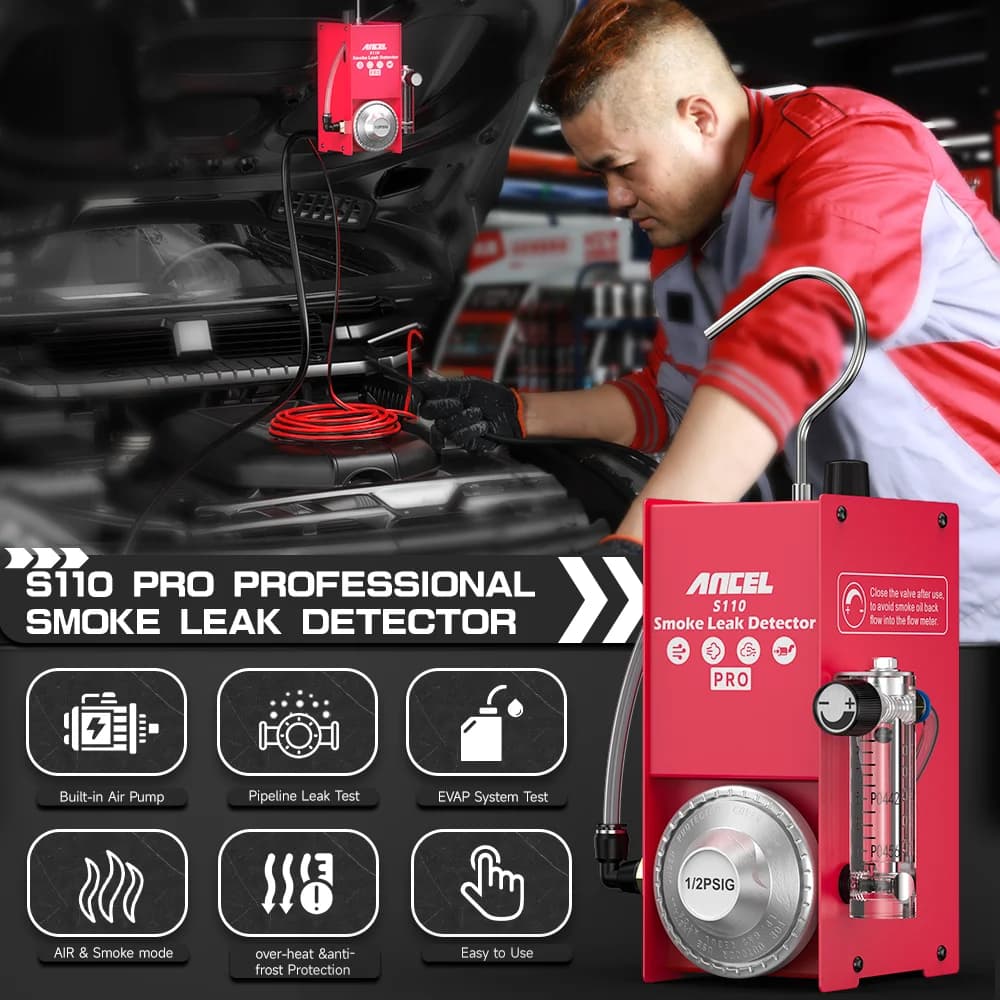2025 ANCEL S110 PRO 12V Strumento diagnostico per auto Rilevatore di perdite di fumo con pompa d'aria incorporata Rilevatore di perdite EVAP 1 anno di garanzia