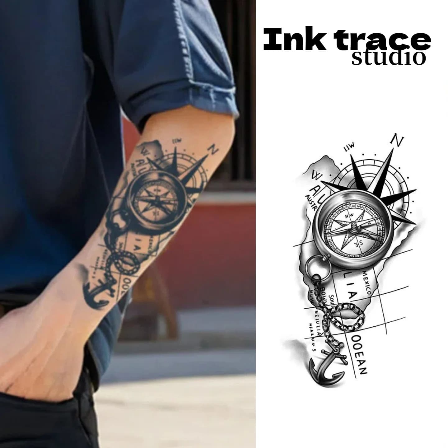 Waterproof Long-Lasting 10-12 Days Boat Anchor Steering Clock Herbal Juice Tattoo Stickers Temporary Body Art Decals