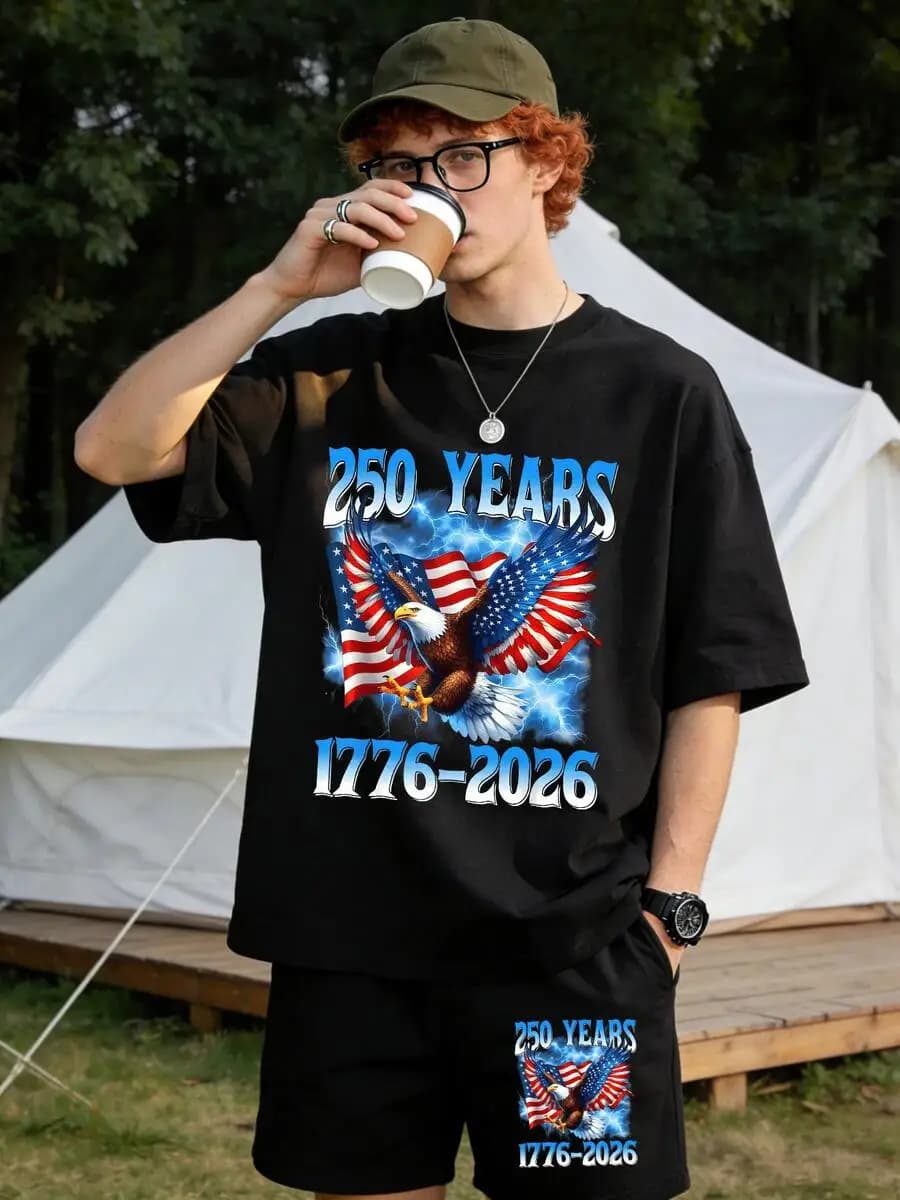 Set di t-shirt e pantaloncini neri con stampa aquila patriottica da uomo, 250 anni, 1776-2026