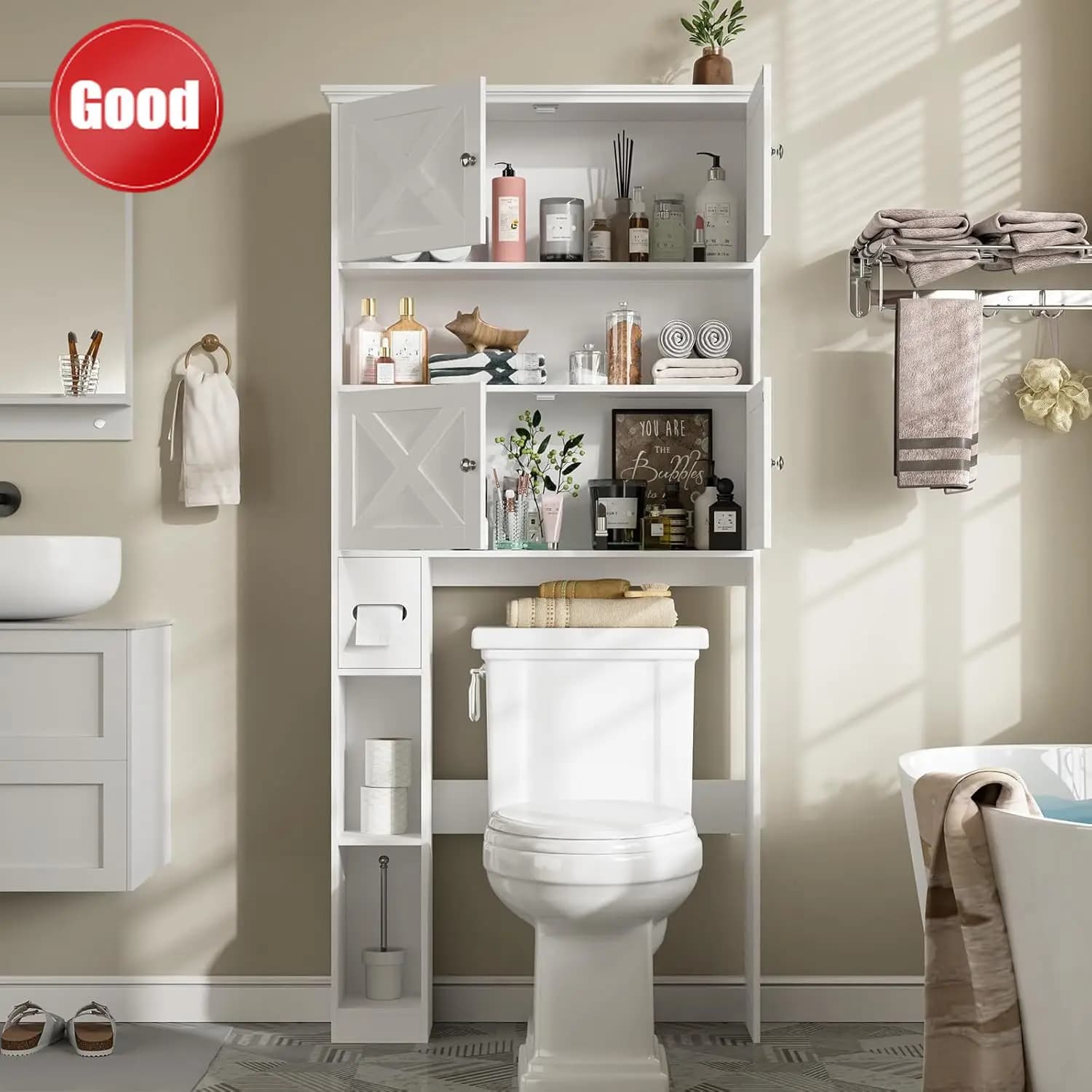 Mobiletto Salvaspazio da Bagno Sopra il WC, Stile Rustico con 4 Ante Scorrevoli e Porta Carta Igienica, Nero
