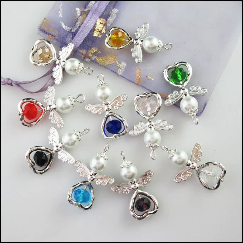 10 pendenti con ciondoli a forma di angelo in cristallo a forma di cuore misto con sfere di vetro 22x33 mm