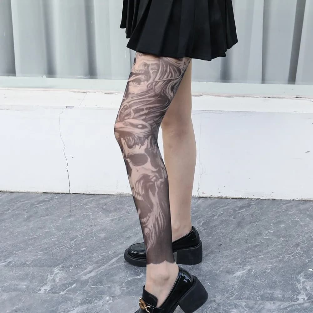 1pc New Sexy Women's Printed Thigh Socks Fake Terrifyin Tattooed Stockings Perspective Personality Single-leg Socks Summer