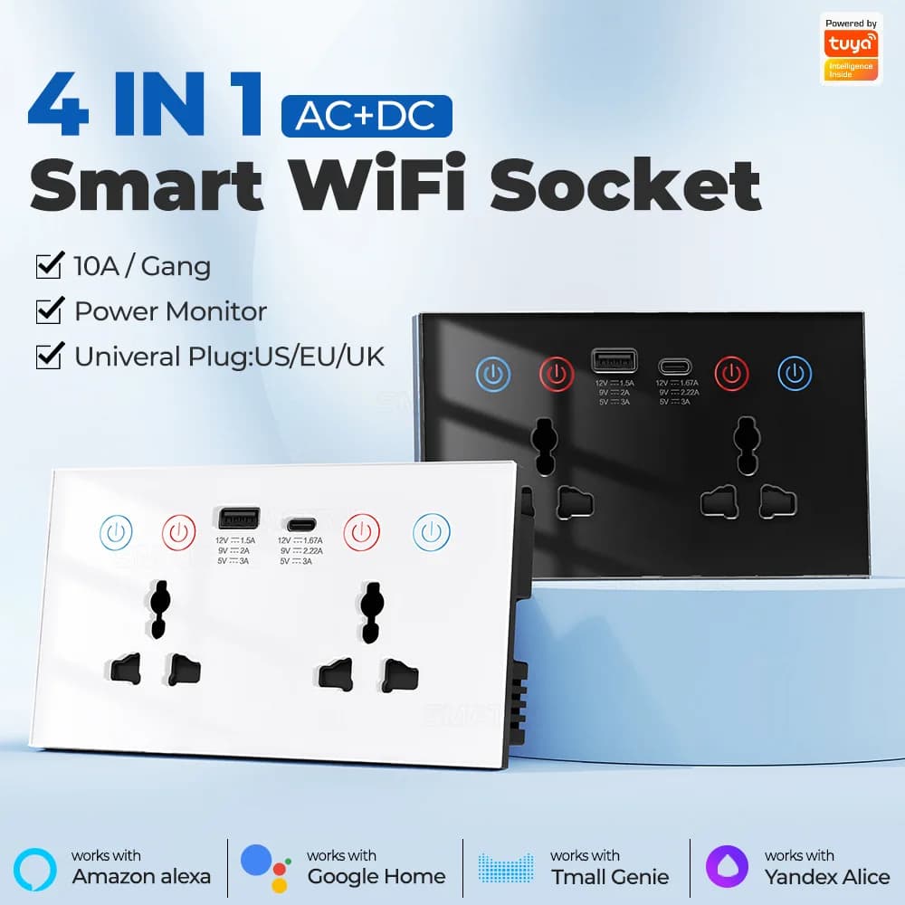 Presa Intelligente WiFi Tuya con USB+Type-C 15W, Presa Universale da Parete con Monitoraggio Consumo, Timer e Compatibile con Alexa e Google Home