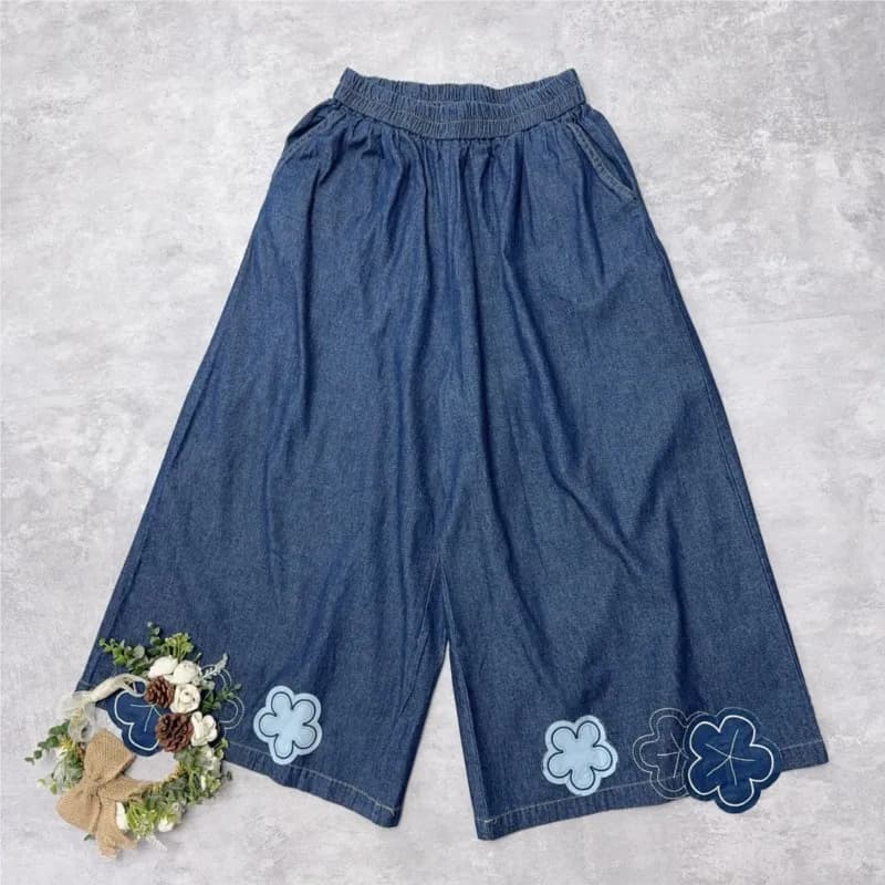Johnature Mori Jeans a gamba larga con patch in vita elasticizzata Pantaloni corti casual da donna larghi sottili estivi 2025 Nuovo