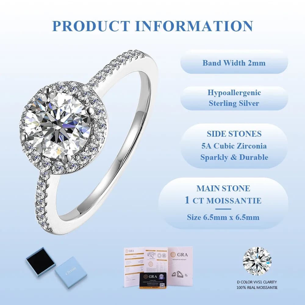 Anello CLYSSIA in Moissanite con Diamanti Coltivati in Laboratorio, Argento Sterling 925 Placcato Oro Bianco 18k, Regalo Durevole e Brillante per Lei, Anniversario