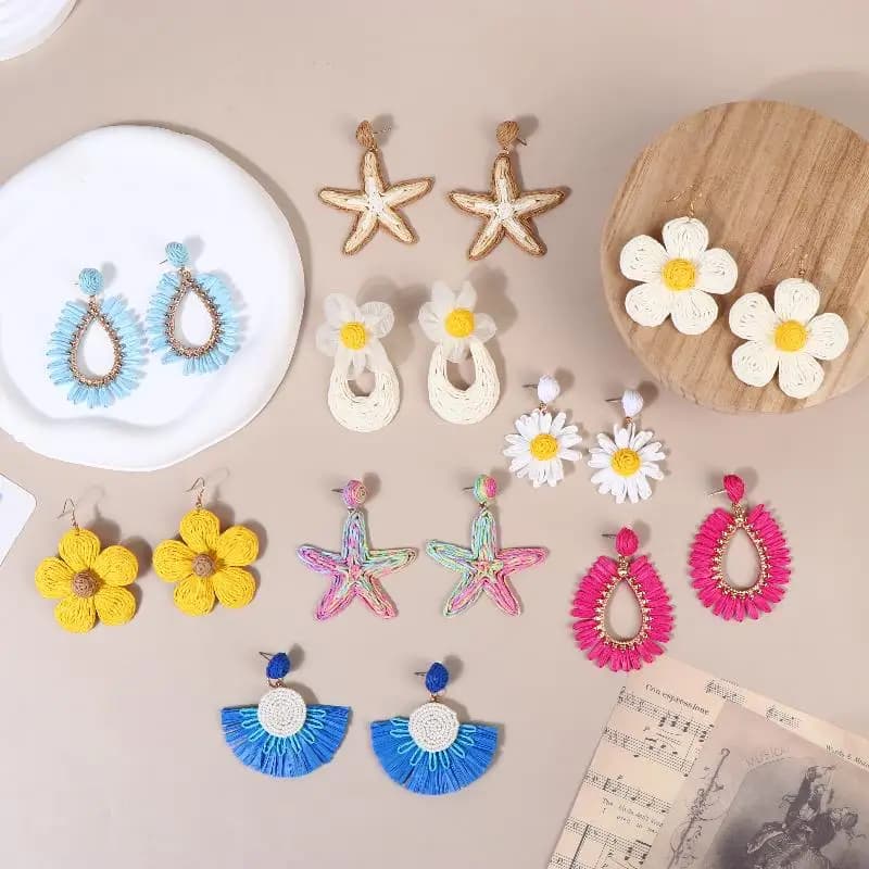 Exaggerated Handmade Retro Rattan Raffia Geometric Earrings Ethnic Style Summer Beach Women's Tassel Earring