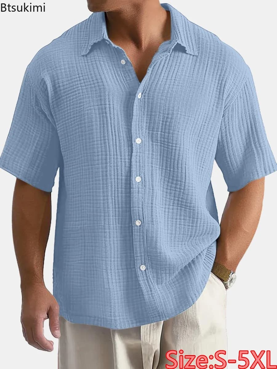 New 2026 Men's Pure Cotton Short-sleeved Shirts Fashion Solid Loose Lapel Button-up Shirt Tops Male Casual Holiday Blouses S-5XL
