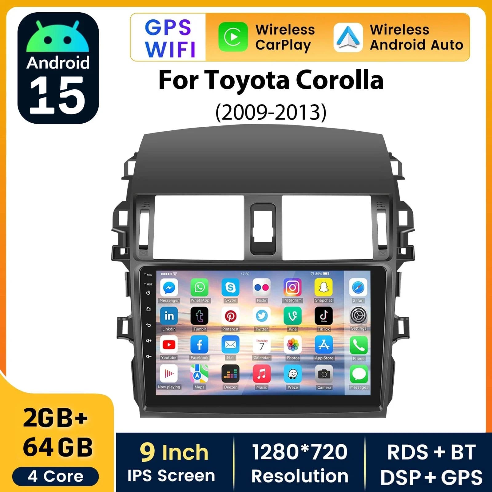 Autoradio Android15 da 9 "per Toyota Corolla E140/150 2007 2008 2009 2010 2011 2012 2013 Lettore multimediale 2 Din DVD Altoparlante